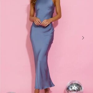 Hello Molly Satin Dress in Dusty Slate Blue